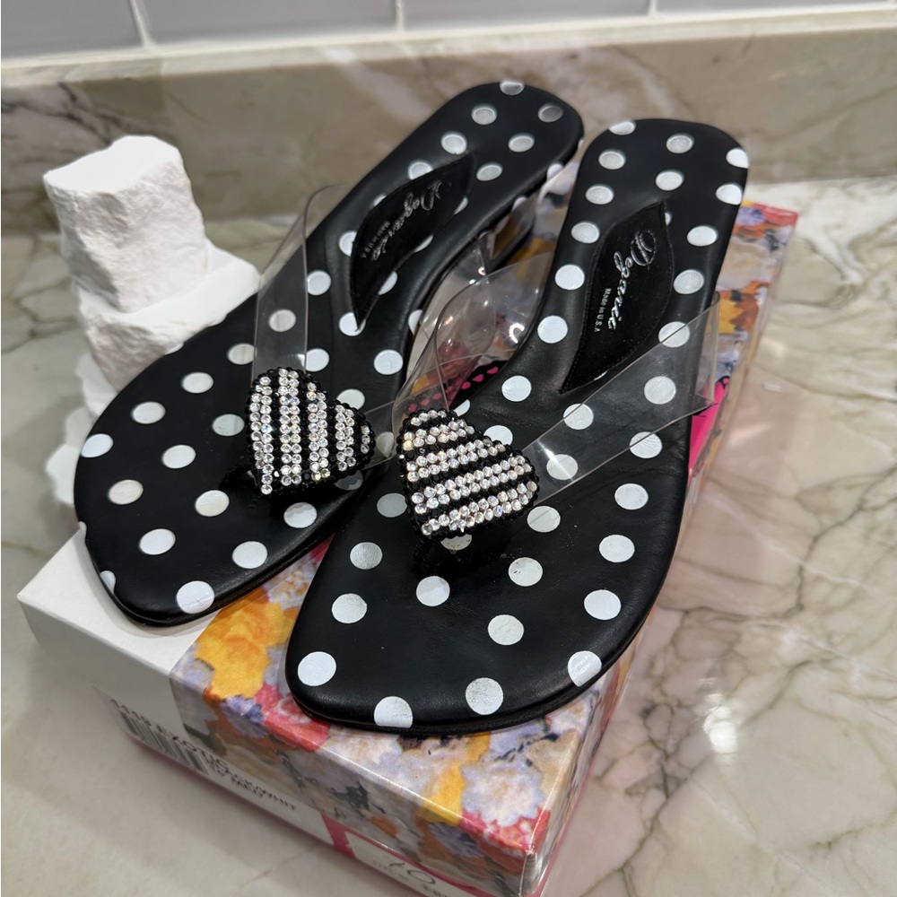 Dezario Polka Dot Clear Strap Wedge Sandals Rhinestone Heart Size 10 Y2K